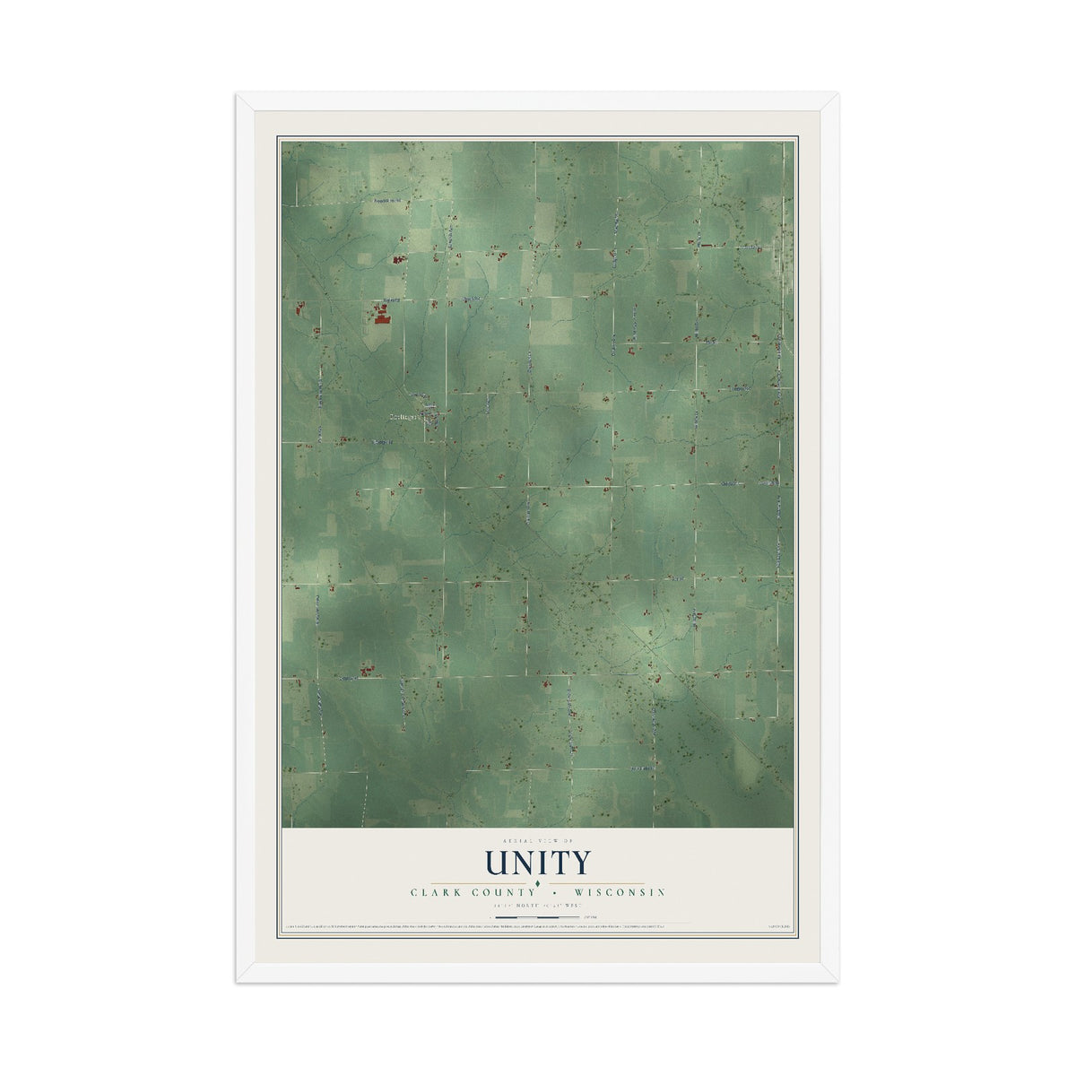 Map of Unity, Clark County, Wisconsin, 12 x 18 inch print in a white wood frame