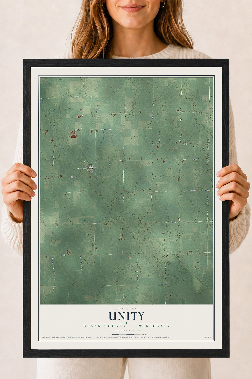 Map of Unity, Clark County, Wisconsin, 18 x 24 inch print in a black wood frame