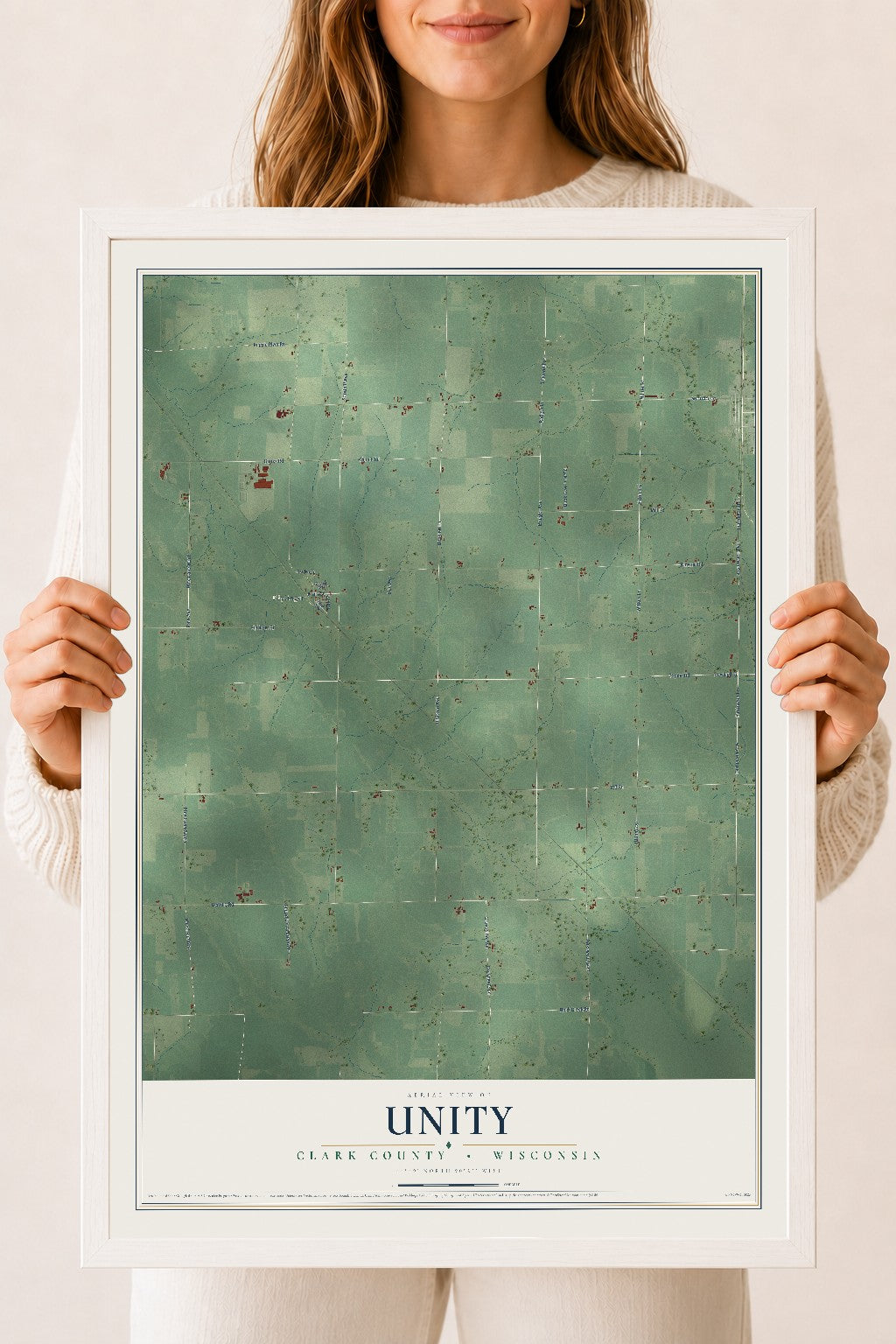 Map of Unity, Clark County, Wisconsin, 18 x 24 inch print in a white wood frame