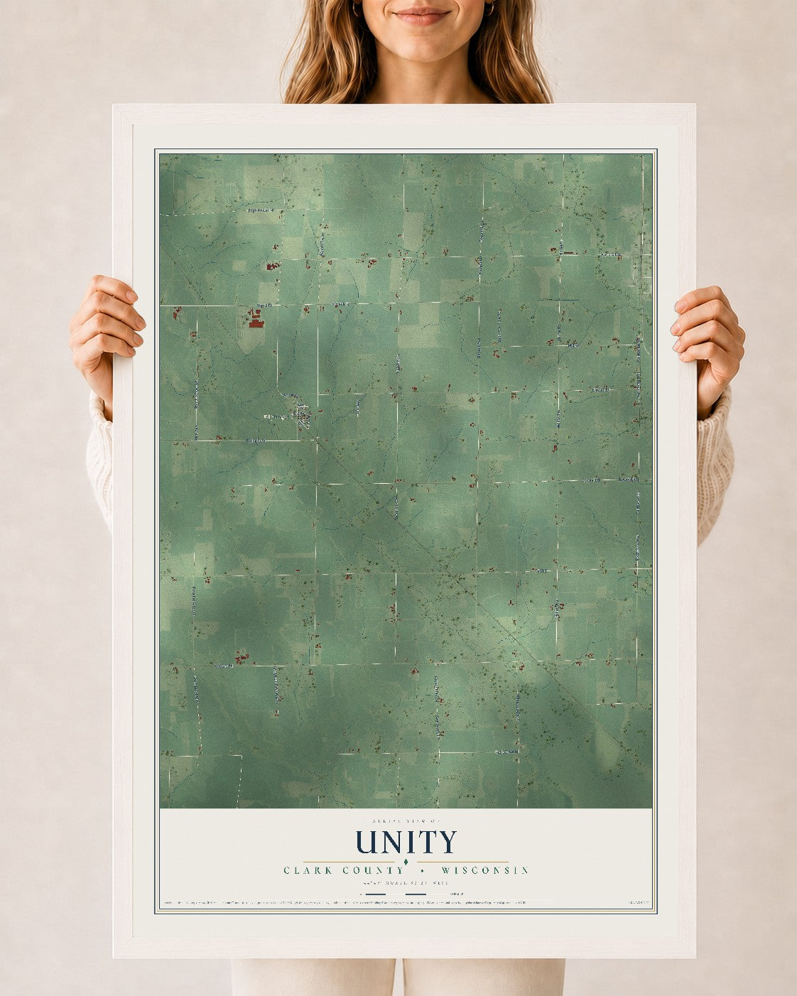Map of Unity, Clark County, Wisconsin, 24 x 36 inch print in a white wood frame