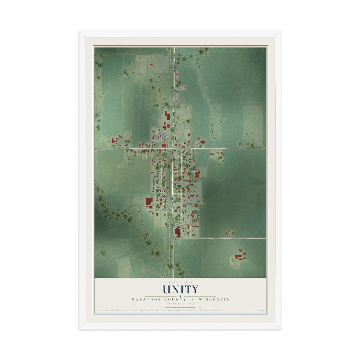 Map of Unity, Marathon County, Wisconsin, 12 x 18 inch print in a white wood frame