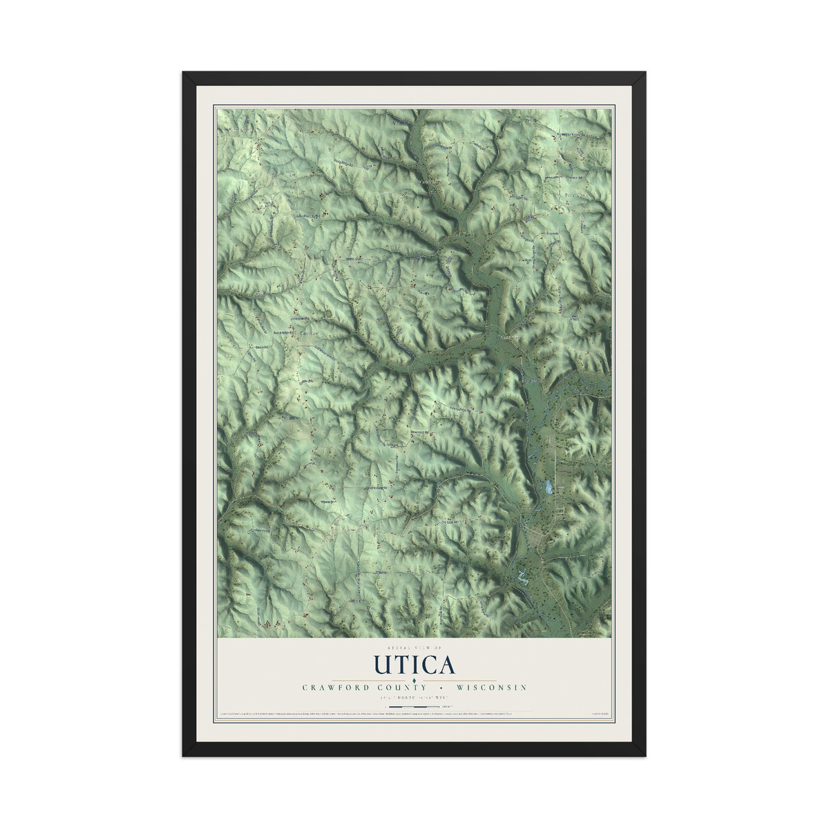 Map of Utica, Crawford County, Wisconsin, 12 x 18 inch print in a black wood frame