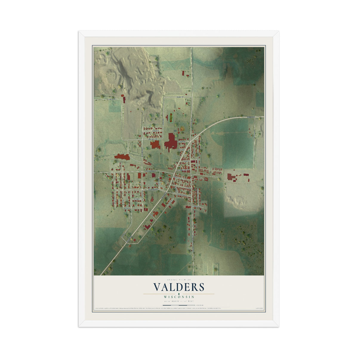 Map of Valders, Wisconsin, 12 x 18 inch print in a white wood frame