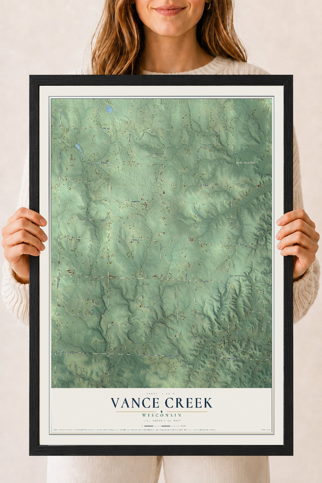 Map of Vance Creek, Wisconsin, 18 x 24 inch print in a black wood frame