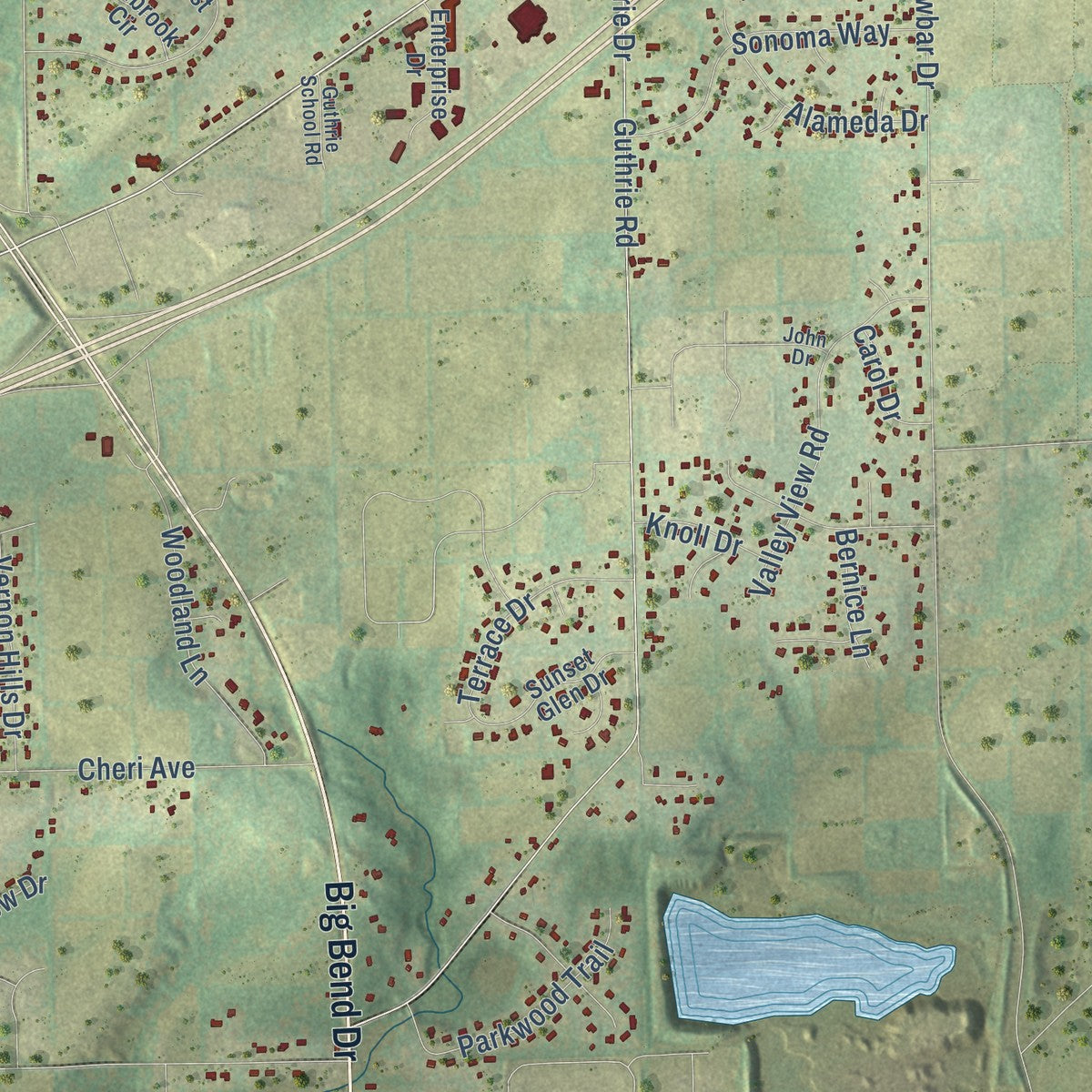 Close-up of the map of Vernon, Wisconsin print showing street and building detail