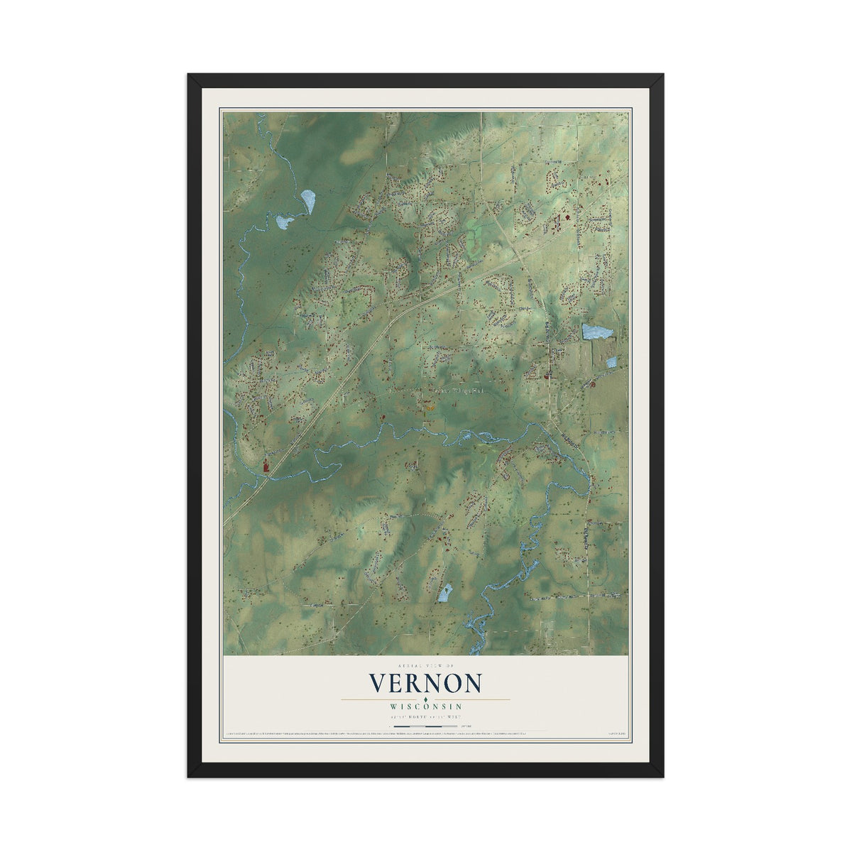 Map of Vernon, Wisconsin, 12 x 18 inch print in a black wood frame