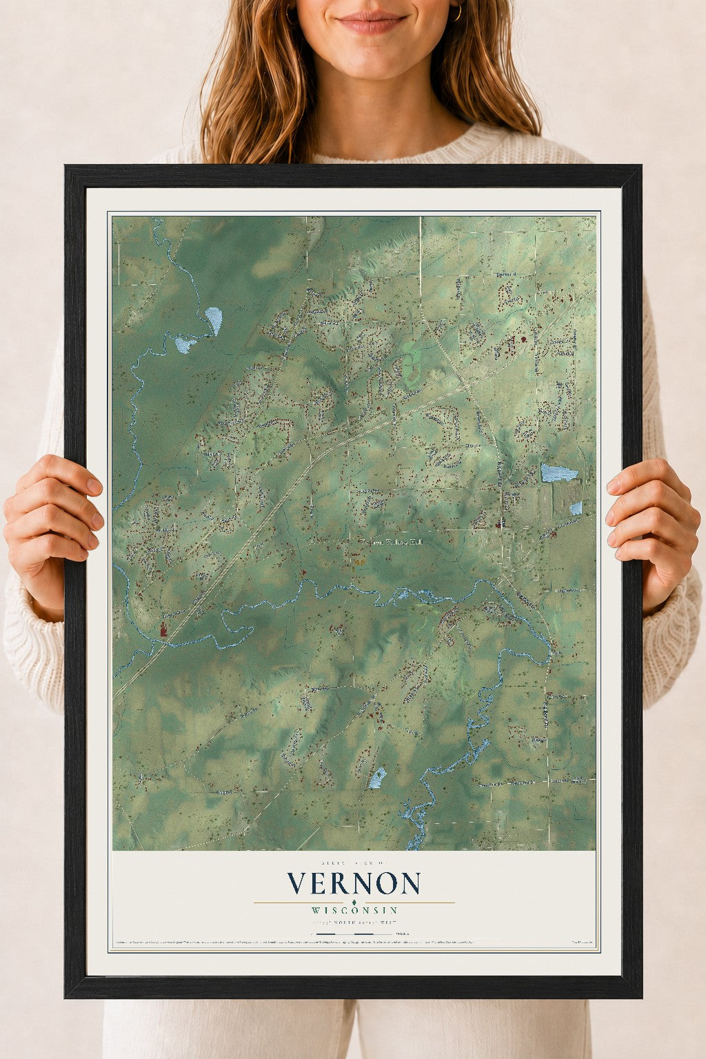 Map of Vernon, Wisconsin, 18 x 24 inch print in a black wood frame