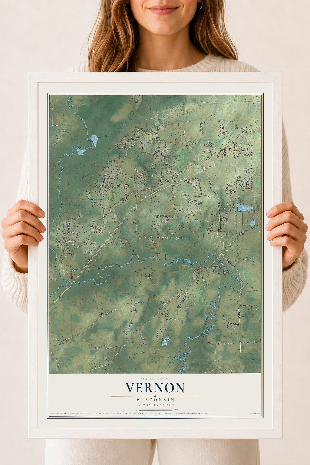 Map of Vernon, Wisconsin, 18 x 24 inch print in a white wood frame