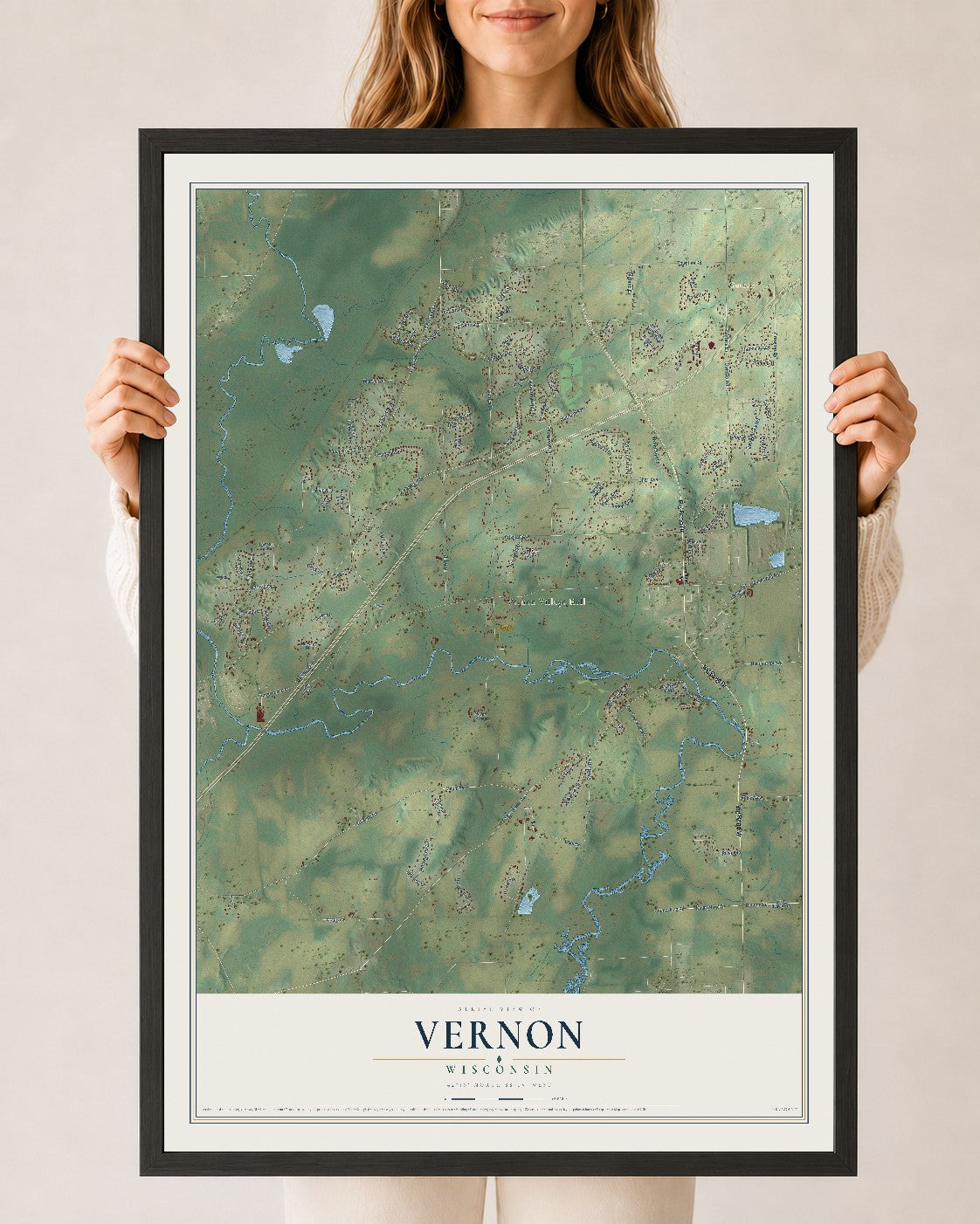 Map of Vernon, Wisconsin, 24 x 36 inch print in a black wood frame