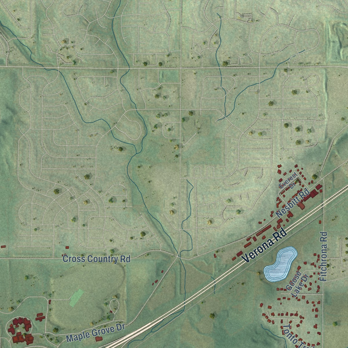 Close-up of the map of the Town of Verona, Wisconsin print showing street and building detail