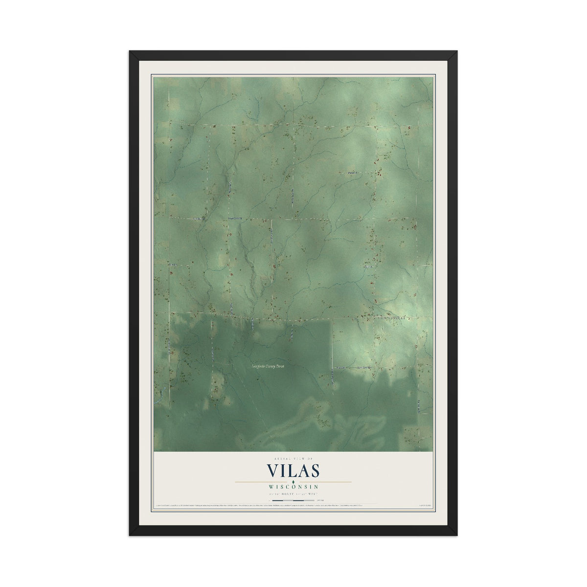 Map of Vilas, Wisconsin, 12 x 18 inch print in a black wood frame