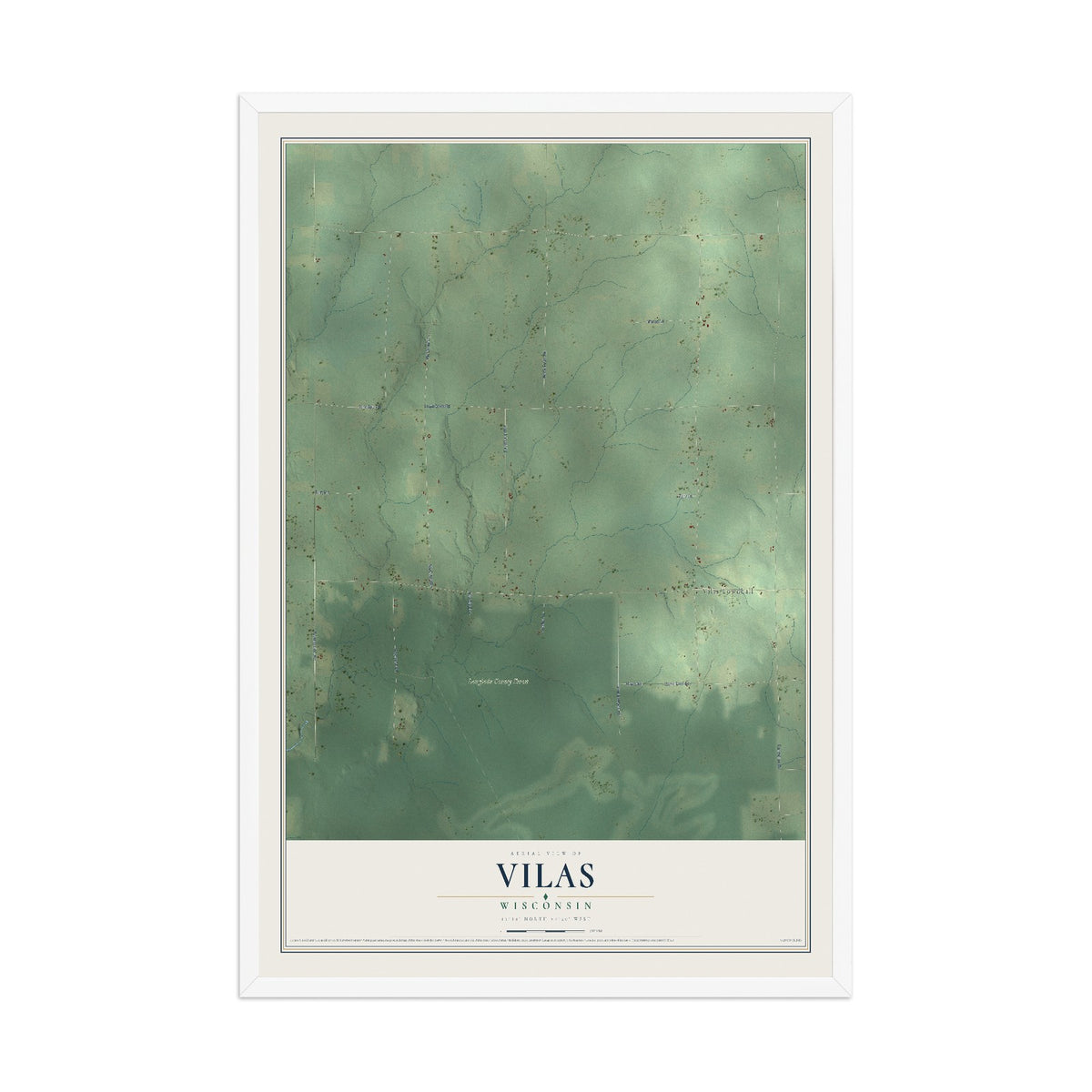Map of Vilas, Wisconsin, 12 x 18 inch print in a white wood frame