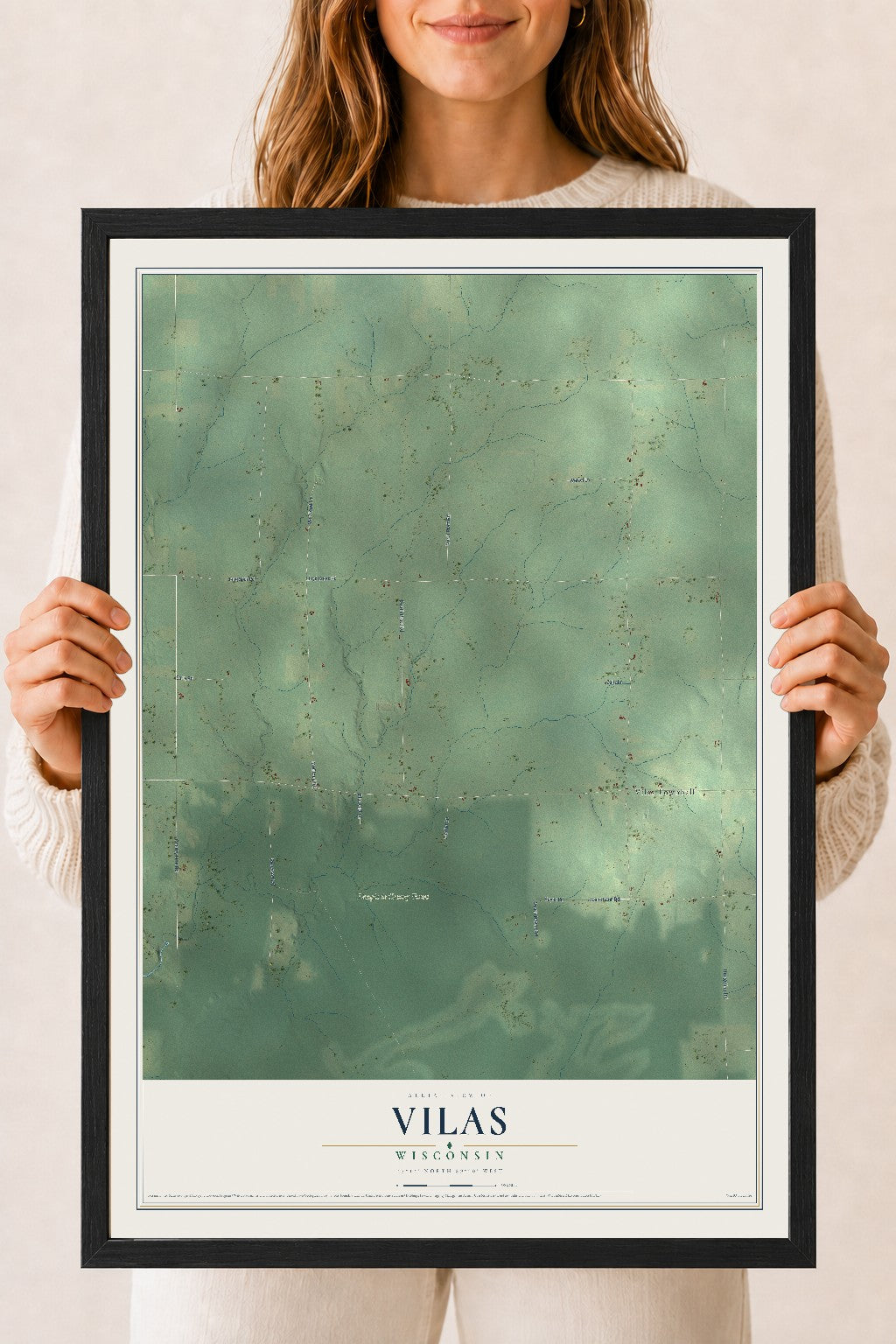 Map of Vilas, Wisconsin, 18 x 24 inch print in a black wood frame
