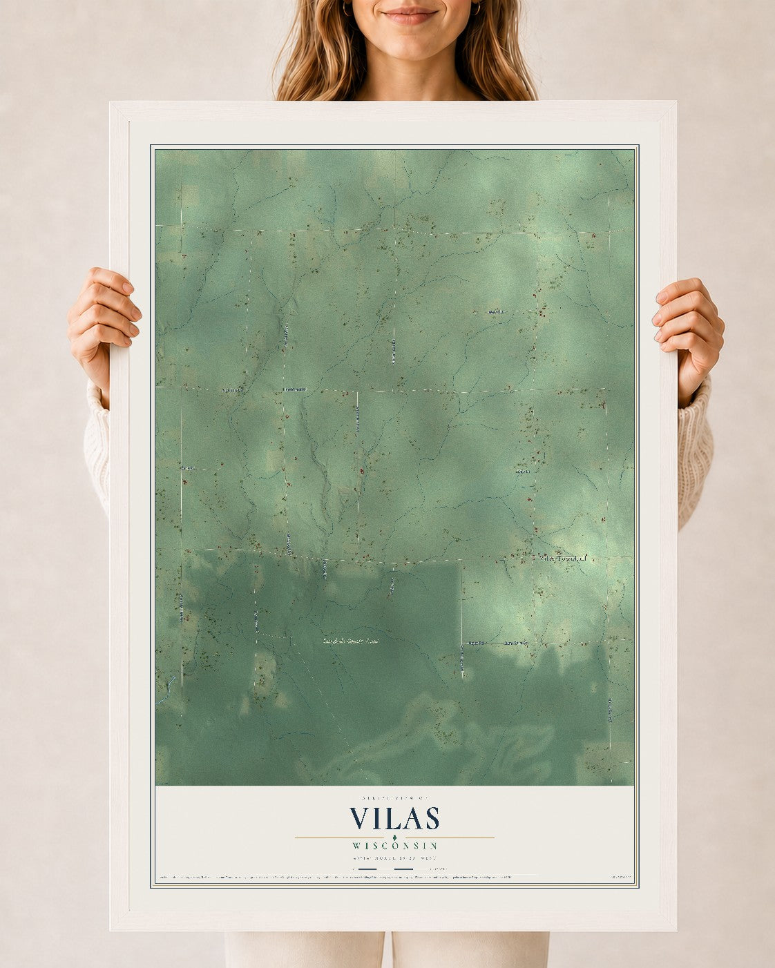 Map of Vilas, Wisconsin, 24 x 36 inch print in a white wood frame