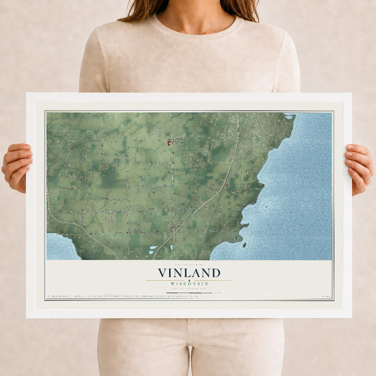 Map of Vinland, Wisconsin, 12 x 18 inch print in a white wood frame