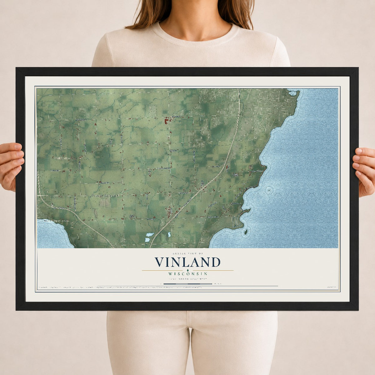 Map of Vinland, Wisconsin, 18 x 24 inch print in a black wood frame