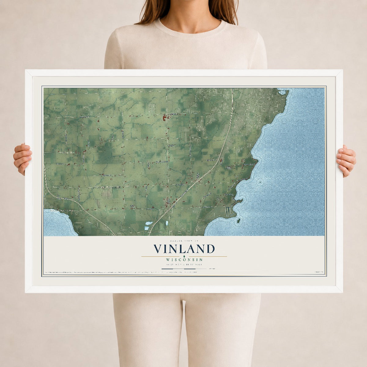 Map of Vinland, Wisconsin, 24 x 36 inch print in a white wood frame