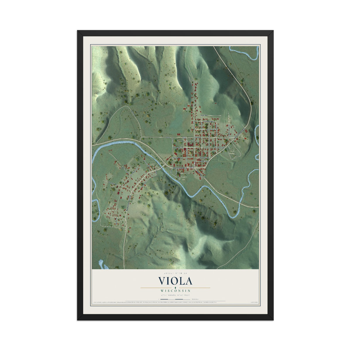 Map of Viola, Wisconsin, 12 x 18 inch print in a black wood frame
