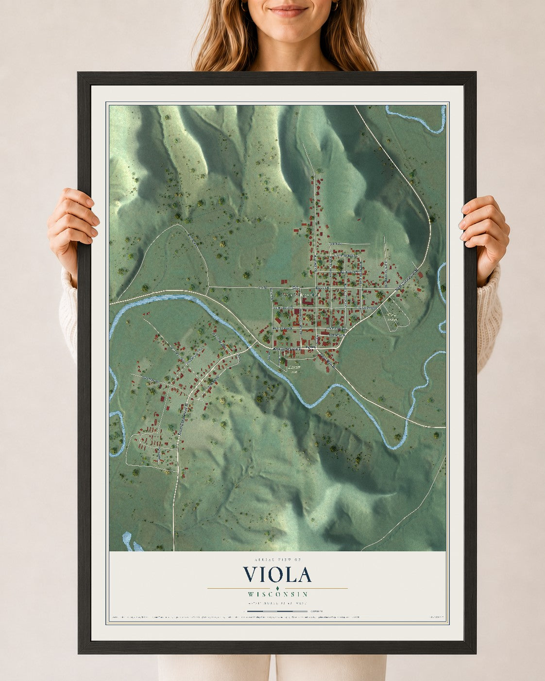 Map of Viola, Wisconsin, 24 x 36 inch print in a black wood frame