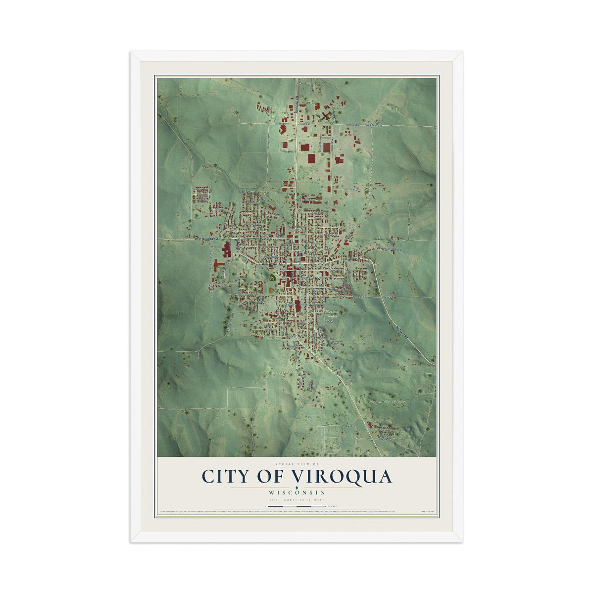 Map of Viroqua, Wisconsin, 12 x 18 inch print in a white wood frame