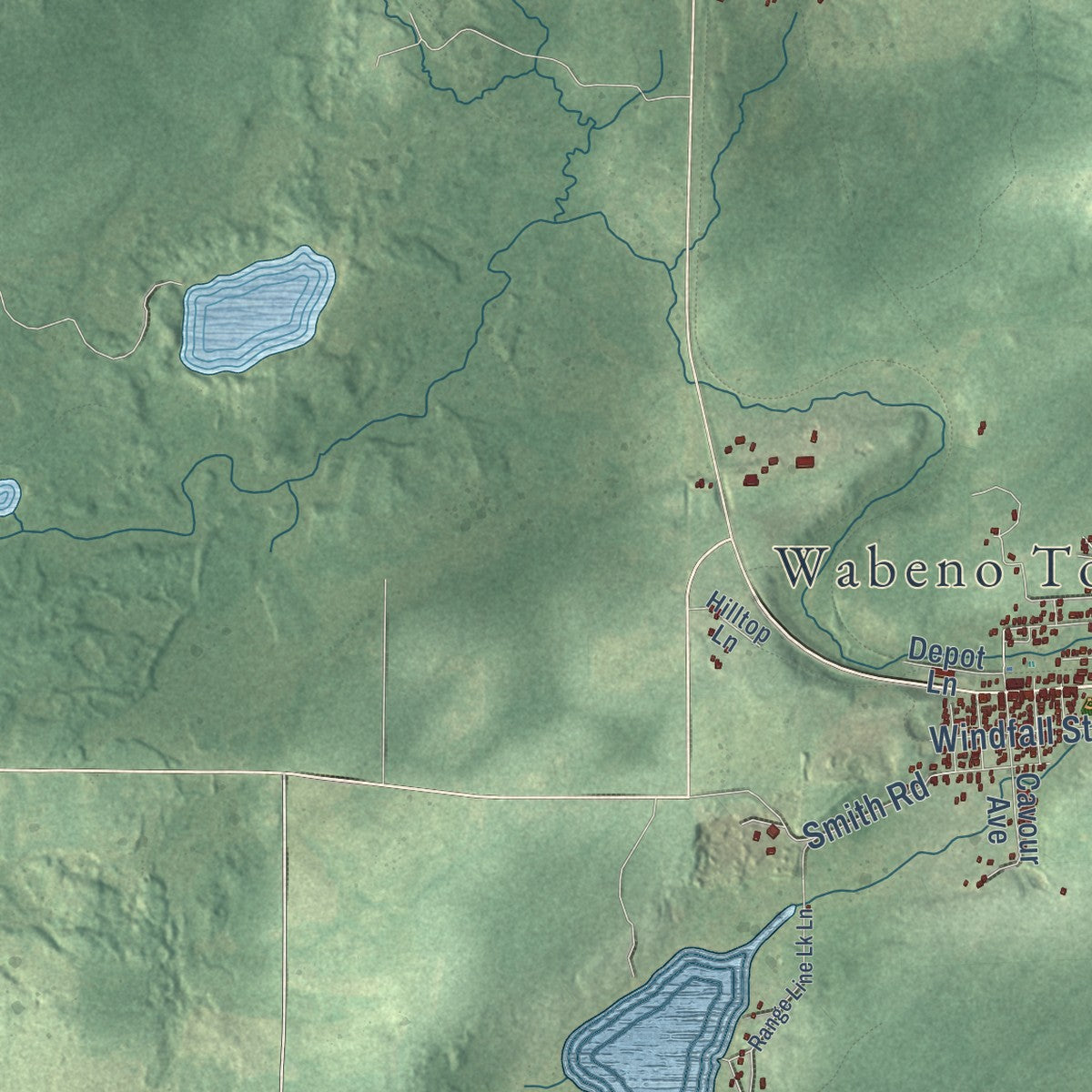 Close-up of the map of Wabeno, Wisconsin print showing street and building detail