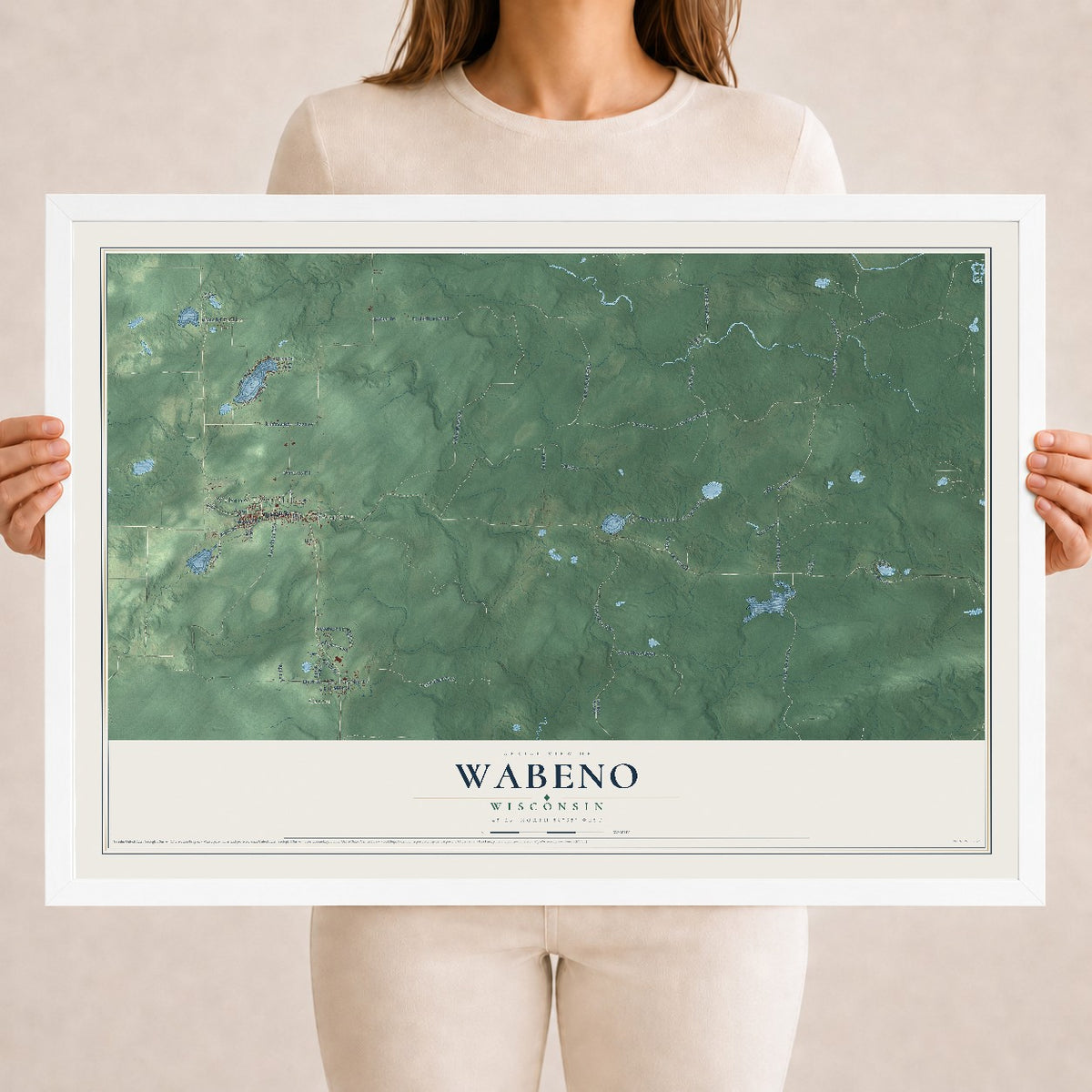 Map of Wabeno, Wisconsin, 18 x 24 inch print in a white wood frame