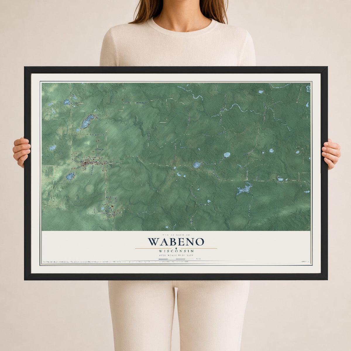 Map of Wabeno, Wisconsin, 24 x 36 inch print in a black wood frame