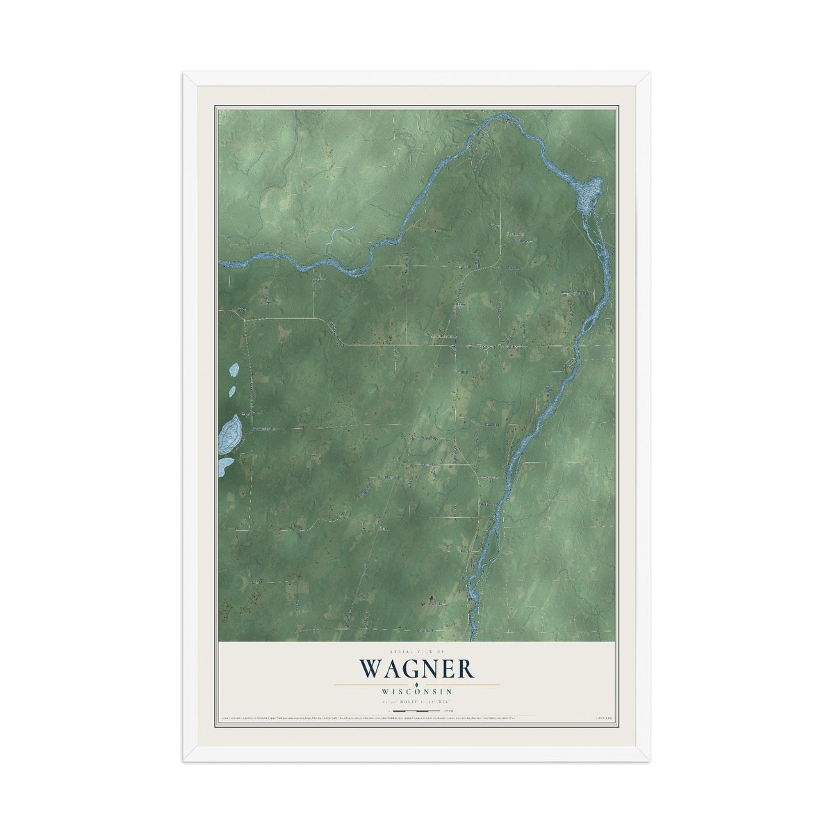 Map of Wagner, Wisconsin, 12 x 18 inch print in a white wood frame