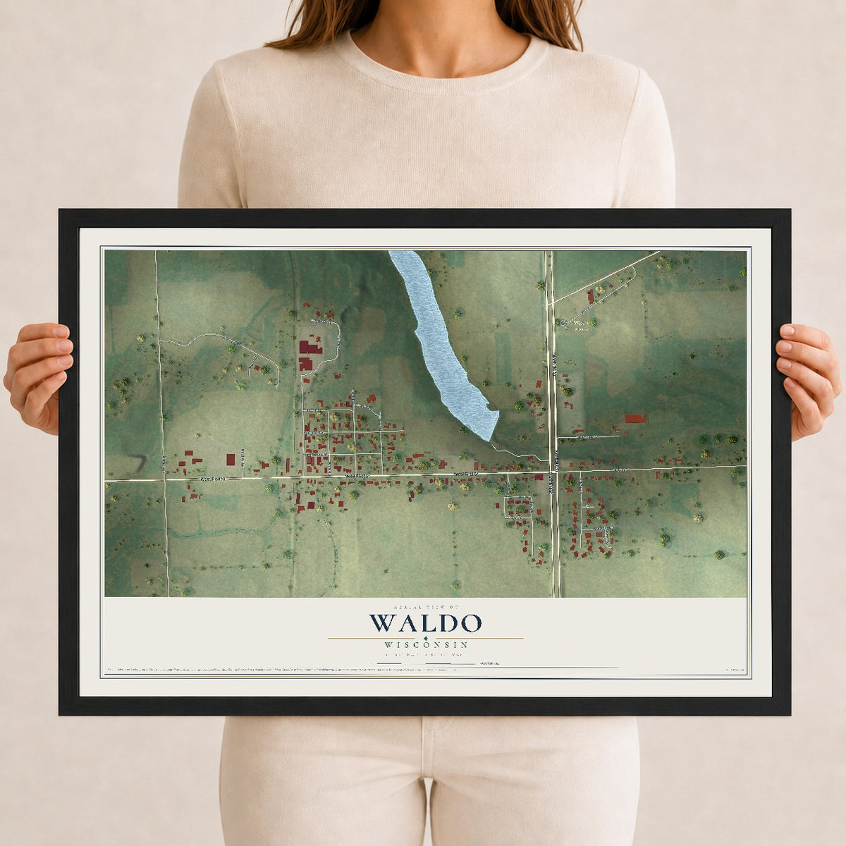 Map of Waldo, Wisconsin, 12 x 18 inch print in a black wood frame