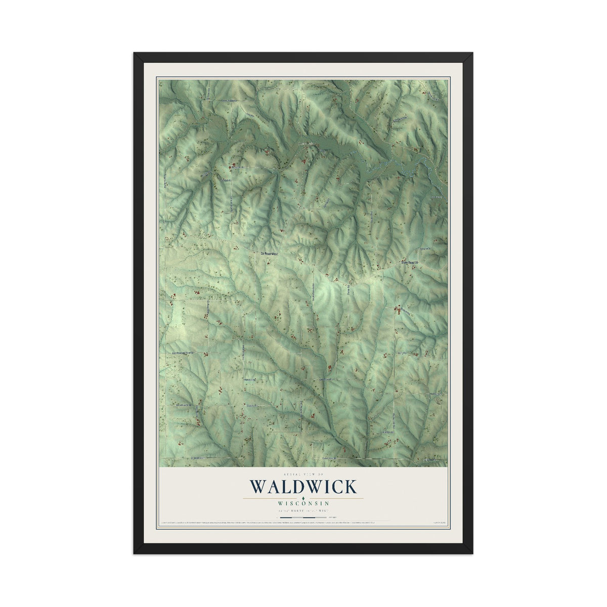 Map of Waldwick, Wisconsin, 12 x 18 inch print in a black wood frame