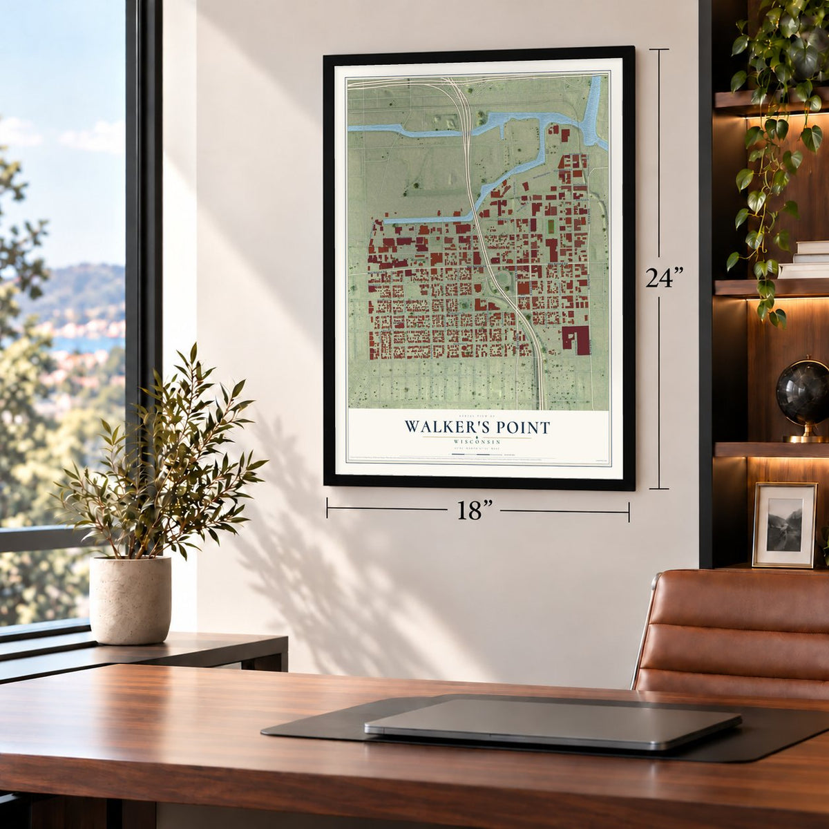 Walker's Point, Wisconsin map, 18 x 24 inch print in a black frame in a home office