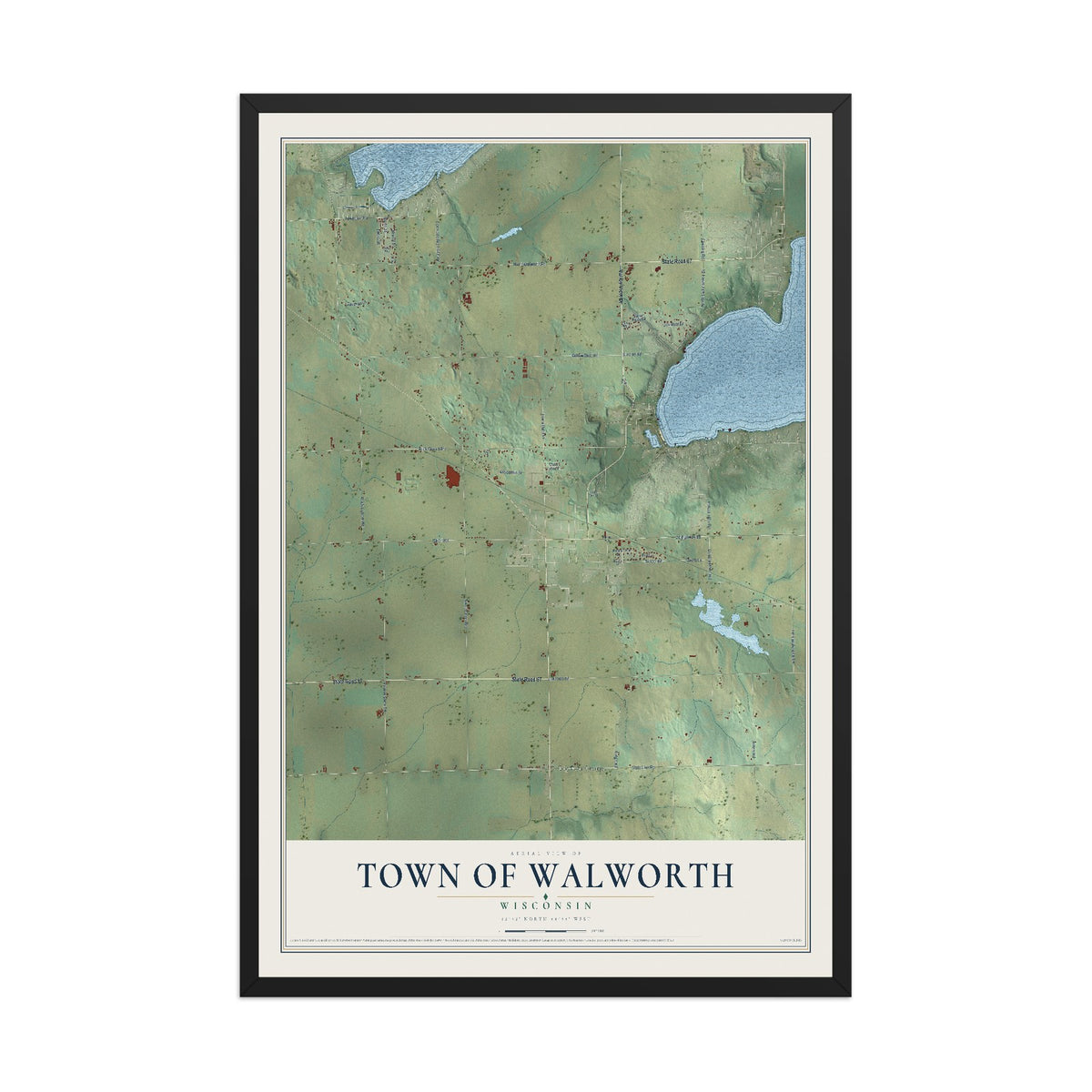 Map of the Town of Walworth, Wisconsin, 12 x 18 inch print in a black wood frame