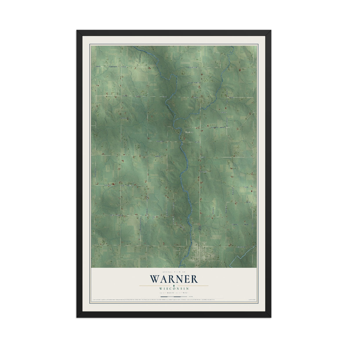 Map of Warner, Wisconsin, 12 x 18 inch print in a black wood frame