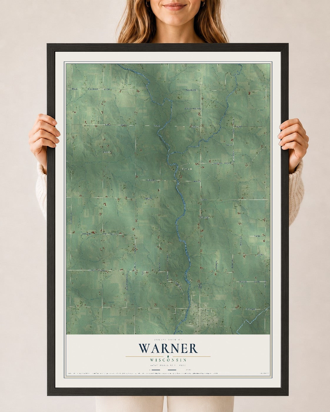 Map of Warner, Wisconsin, 24 x 36 inch print in a black wood frame