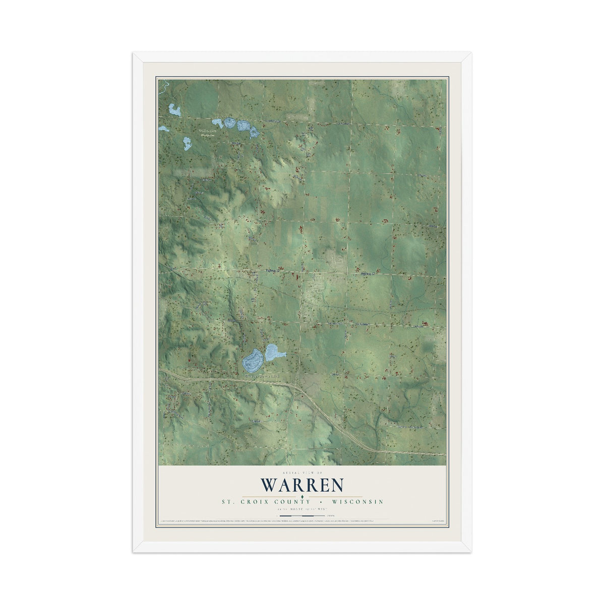 Map of Warren, St. Croix County, Wisconsin, 12 x 18 inch print in a white wood frame