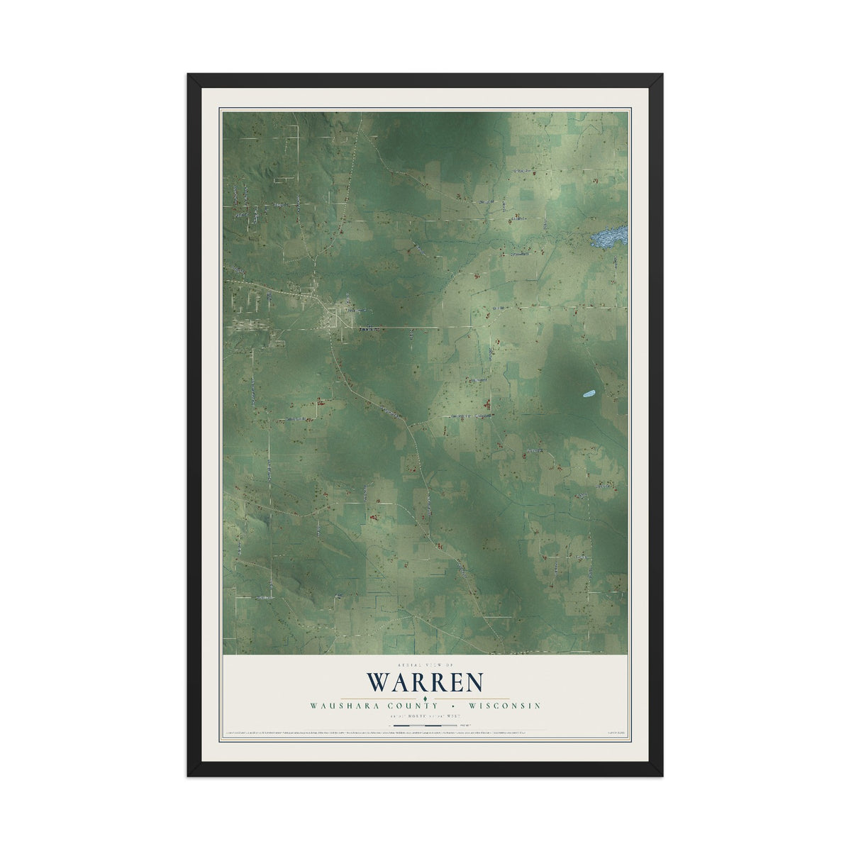Map of Warren, Waushara County, Wisconsin, 12 x 18 inch print in a black wood frame