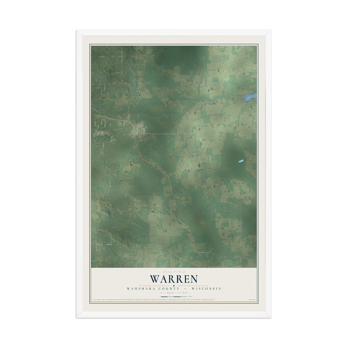Map of Warren, Waushara County, Wisconsin, 12 x 18 inch print in a white wood frame