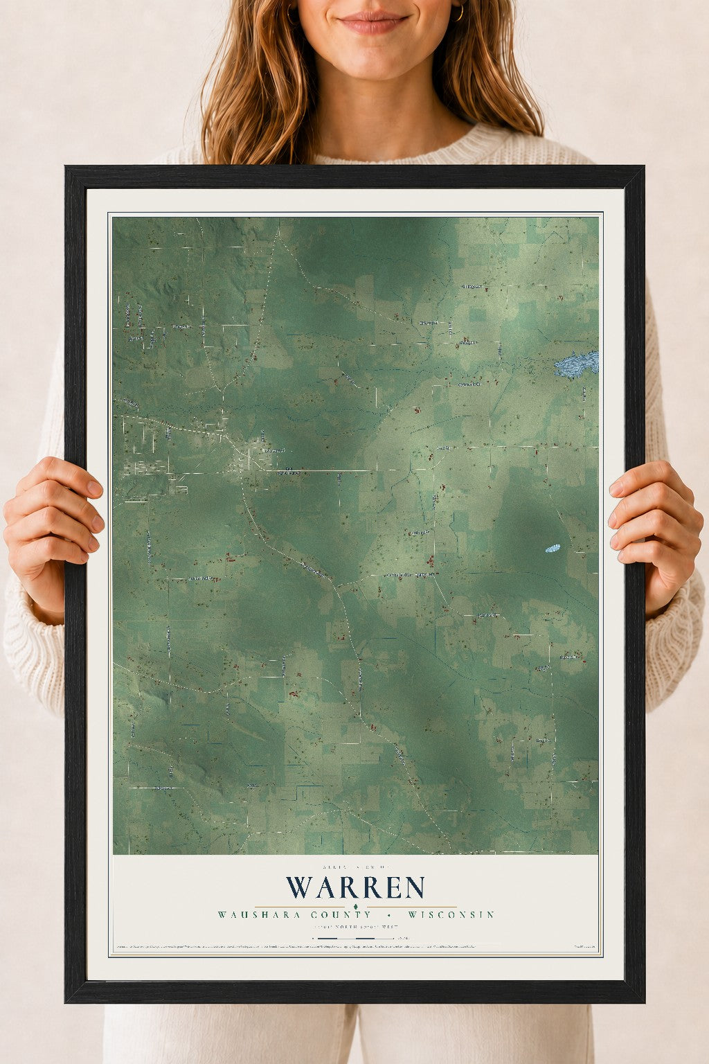 Map of Warren, Waushara County, Wisconsin, 18 x 24 inch print in a black wood frame