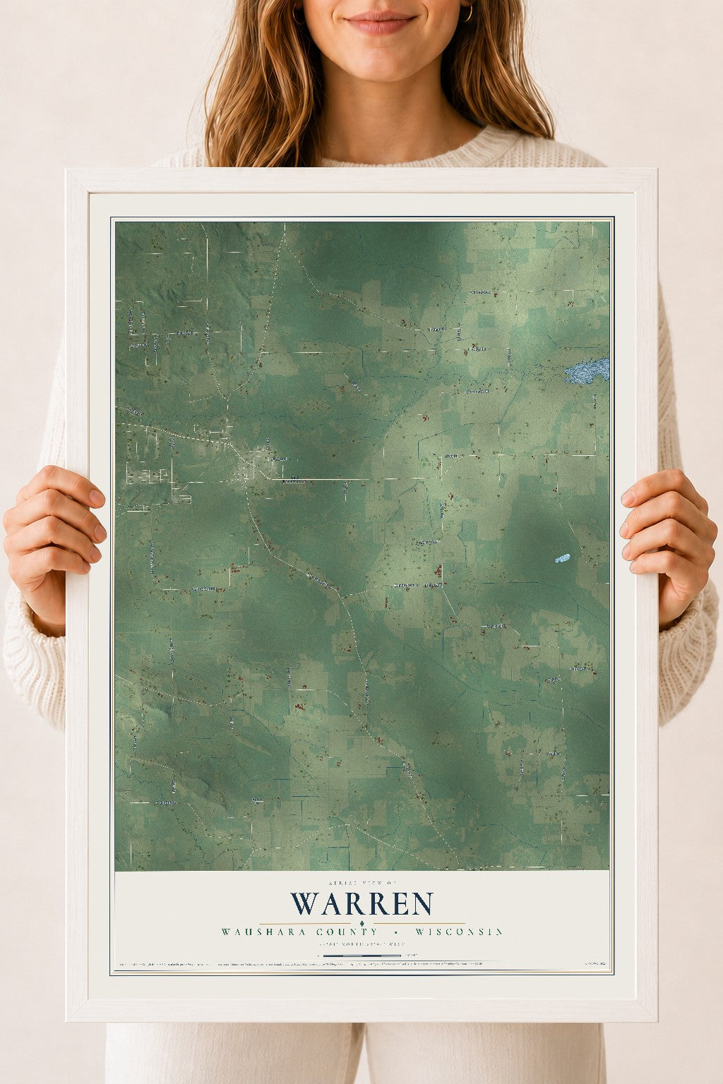 Map of Warren, Waushara County, Wisconsin, 18 x 24 inch print in a white wood frame