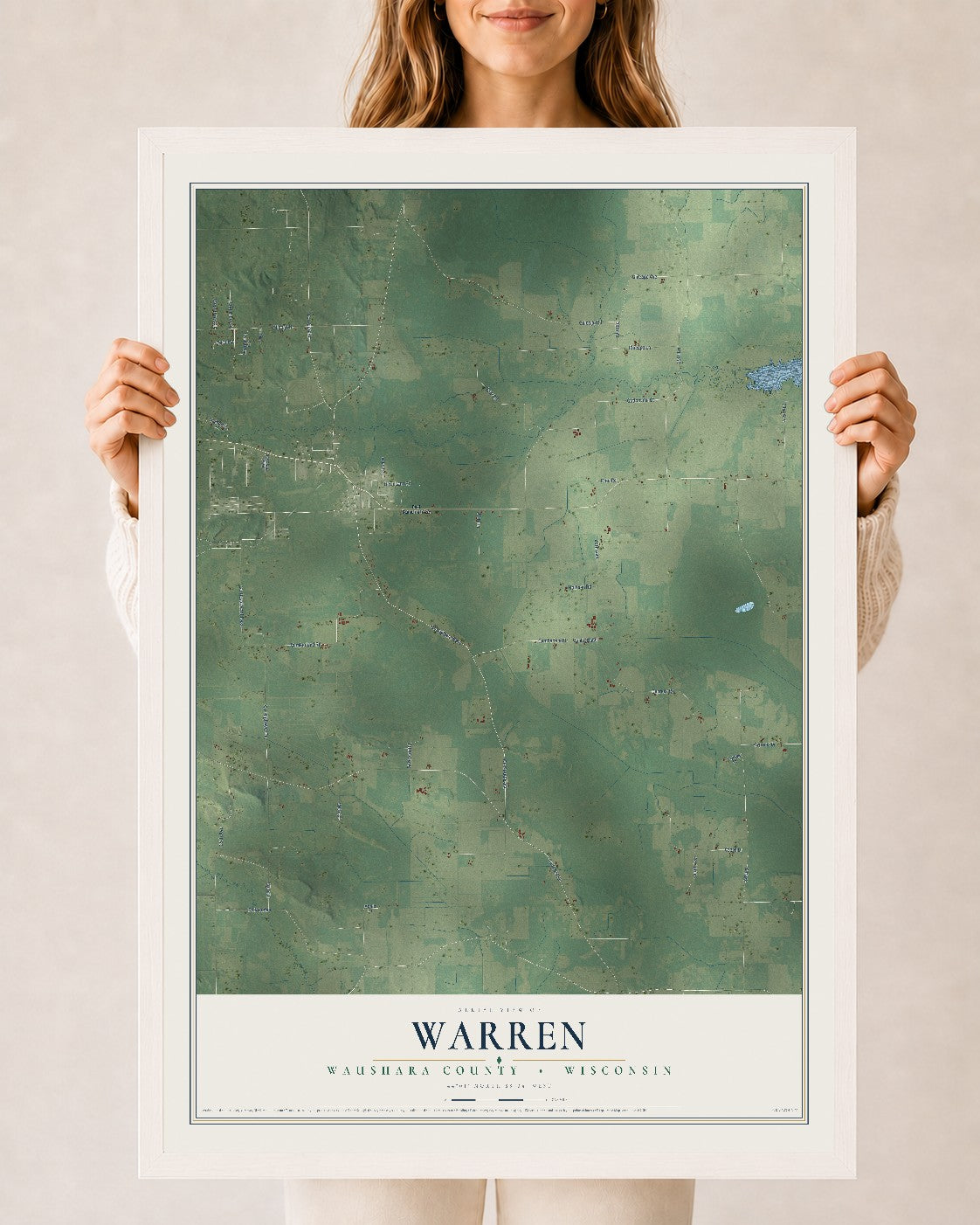 Map of Warren, Waushara County, Wisconsin, 24 x 36 inch print in a white wood frame