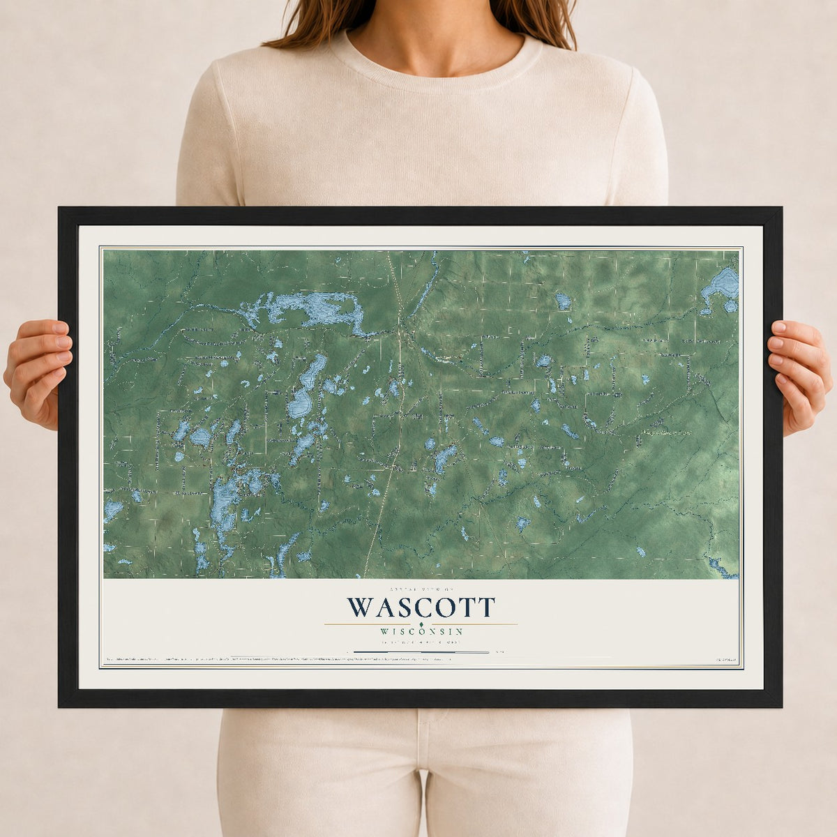 Map of Wascott, Wisconsin, 12 x 18 inch print in a black wood frame