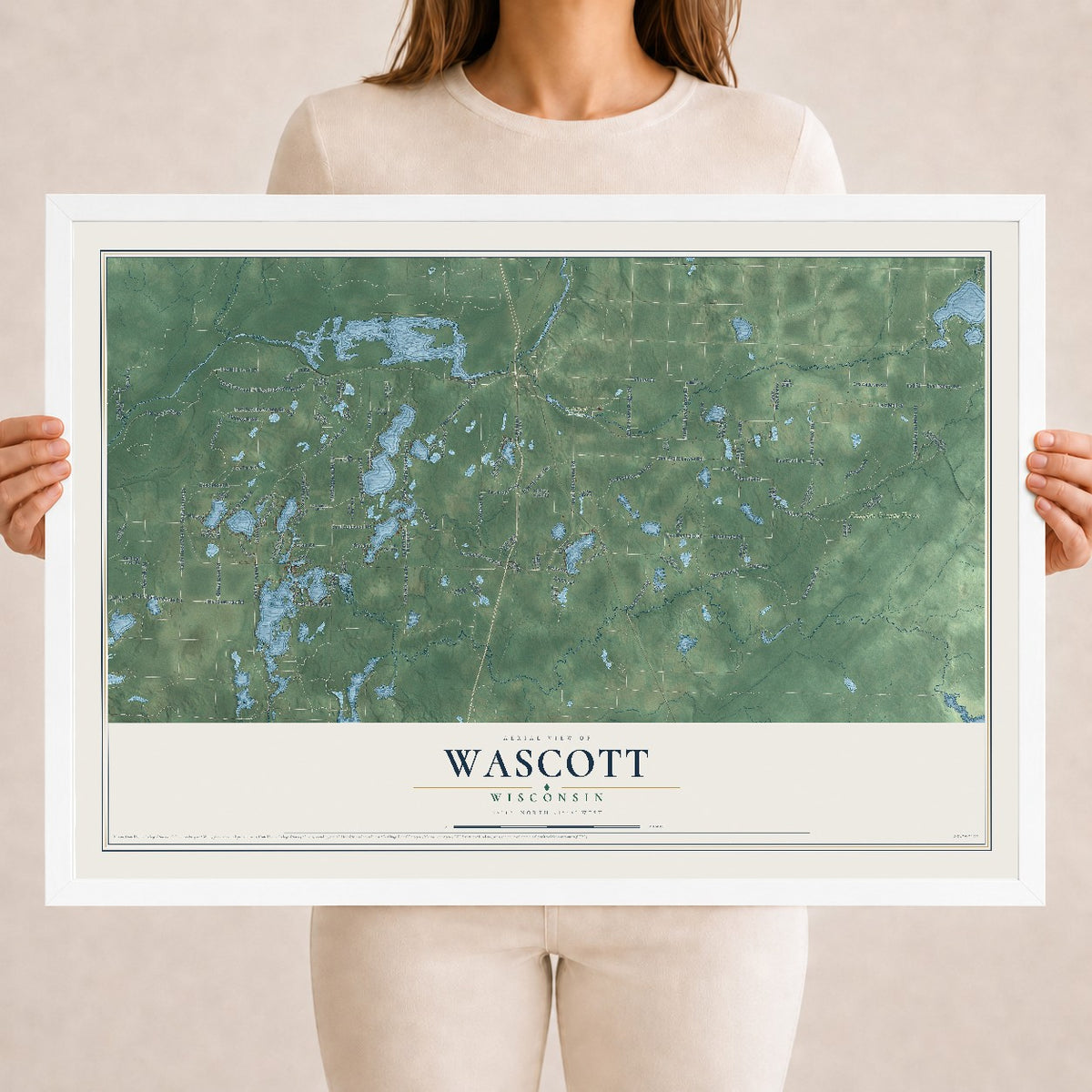 Map of Wascott, Wisconsin, 18 x 24 inch print in a white wood frame
