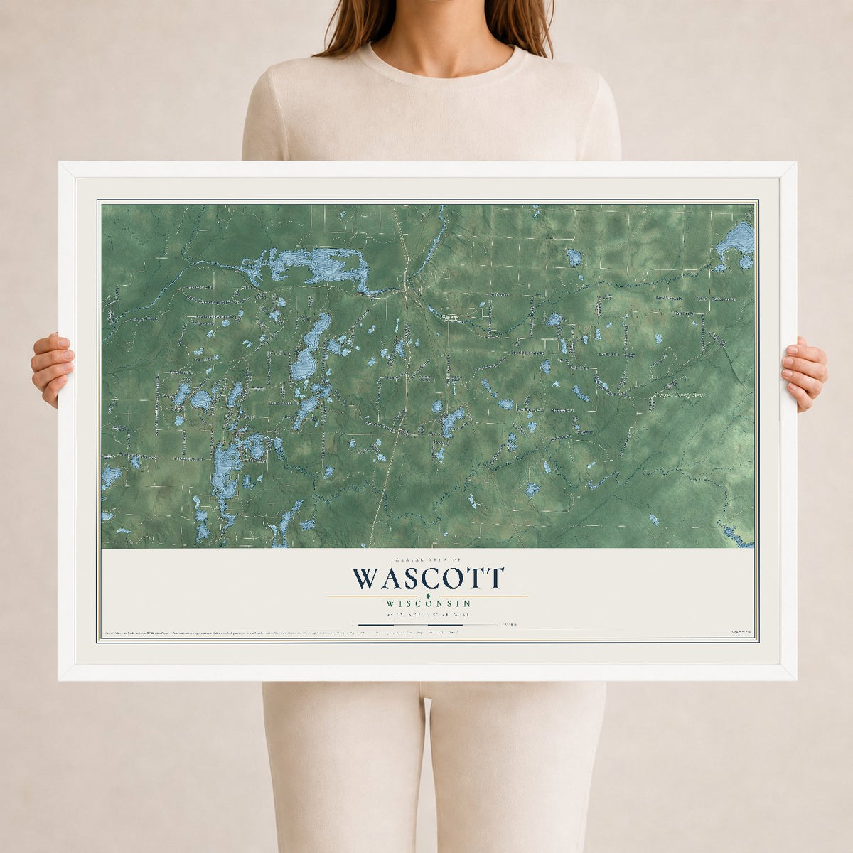 Map of Wascott, Wisconsin, 24 x 36 inch print in a white wood frame