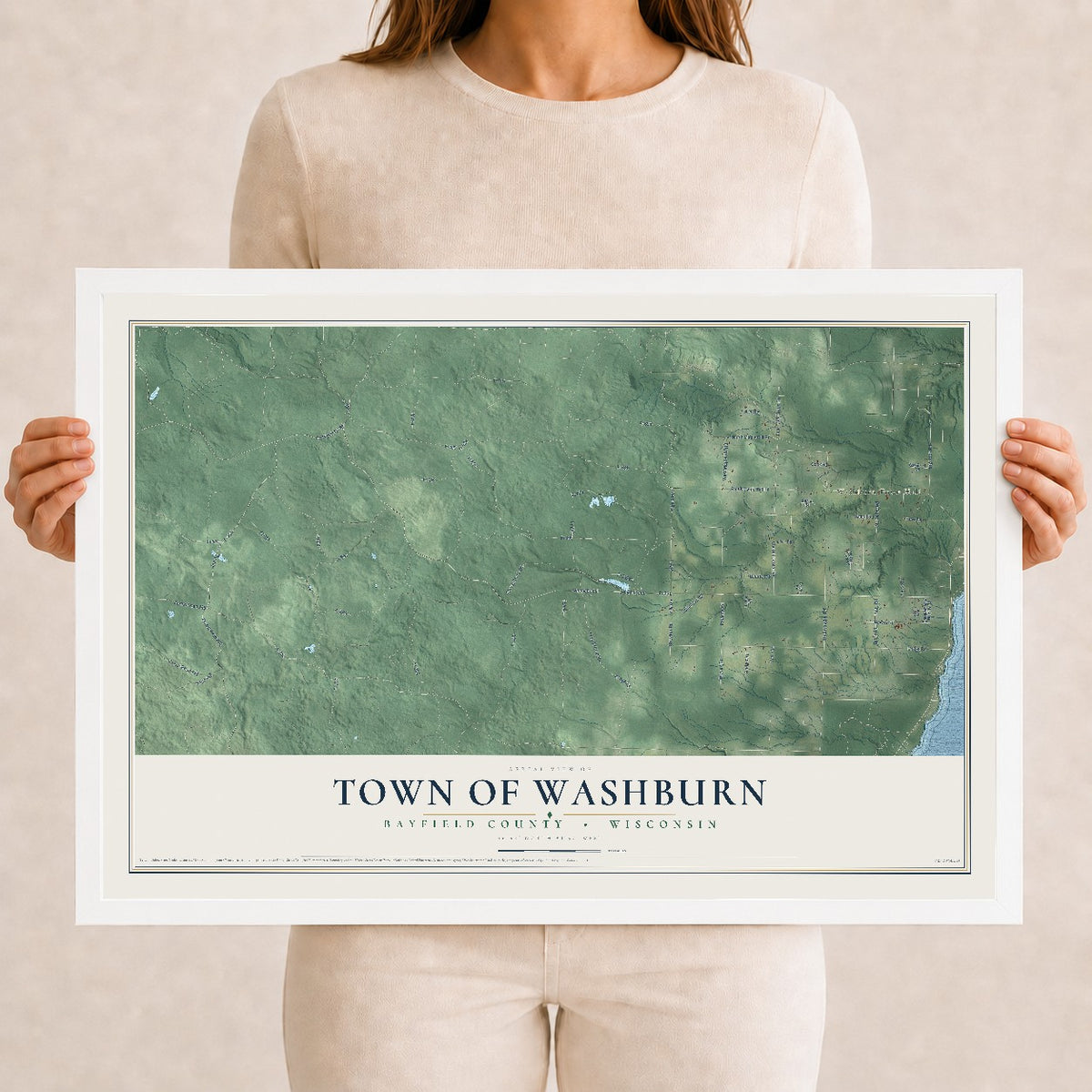 Map of the Town of Washburn, Bayfield County, Wisconsin, 12 x 18 inch print in a white wood frame