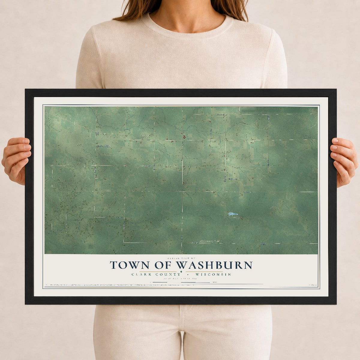 Map of the Town of Washburn, Clark County, Wisconsin, 12 x 18 inch print in a black wood frame