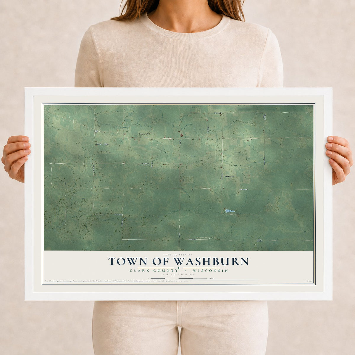 Map of the Town of Washburn, Clark County, Wisconsin, 12 x 18 inch print in a white wood frame