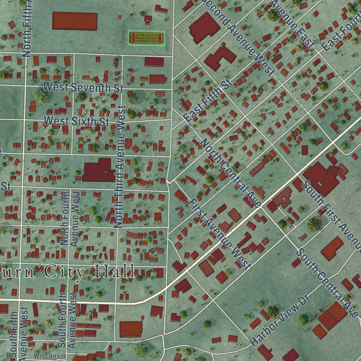 Close-up of the map of Washburn, Wisconsin print showing street and building detail
