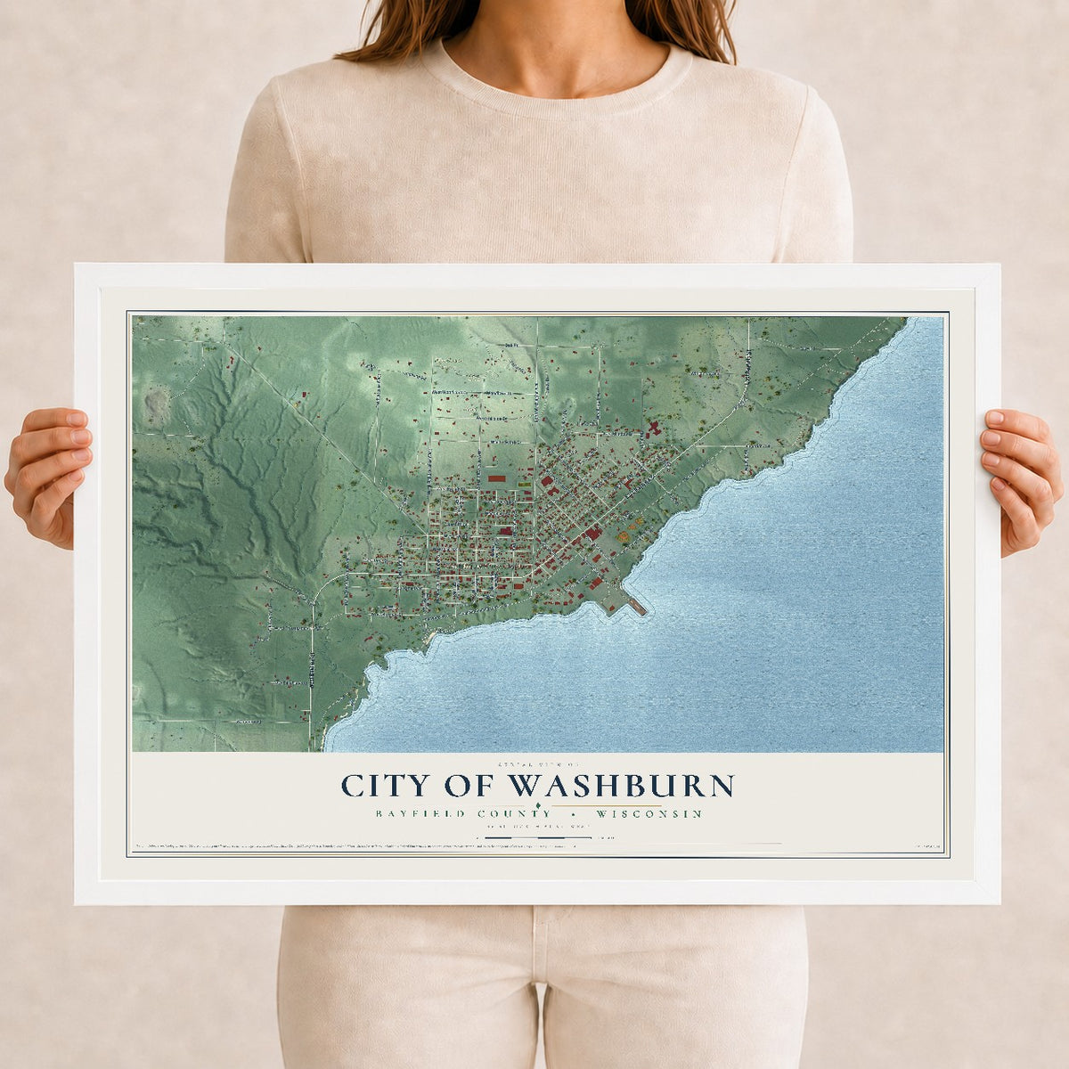 Map of Washburn, Wisconsin, 12 x 18 inch print in a white wood frame