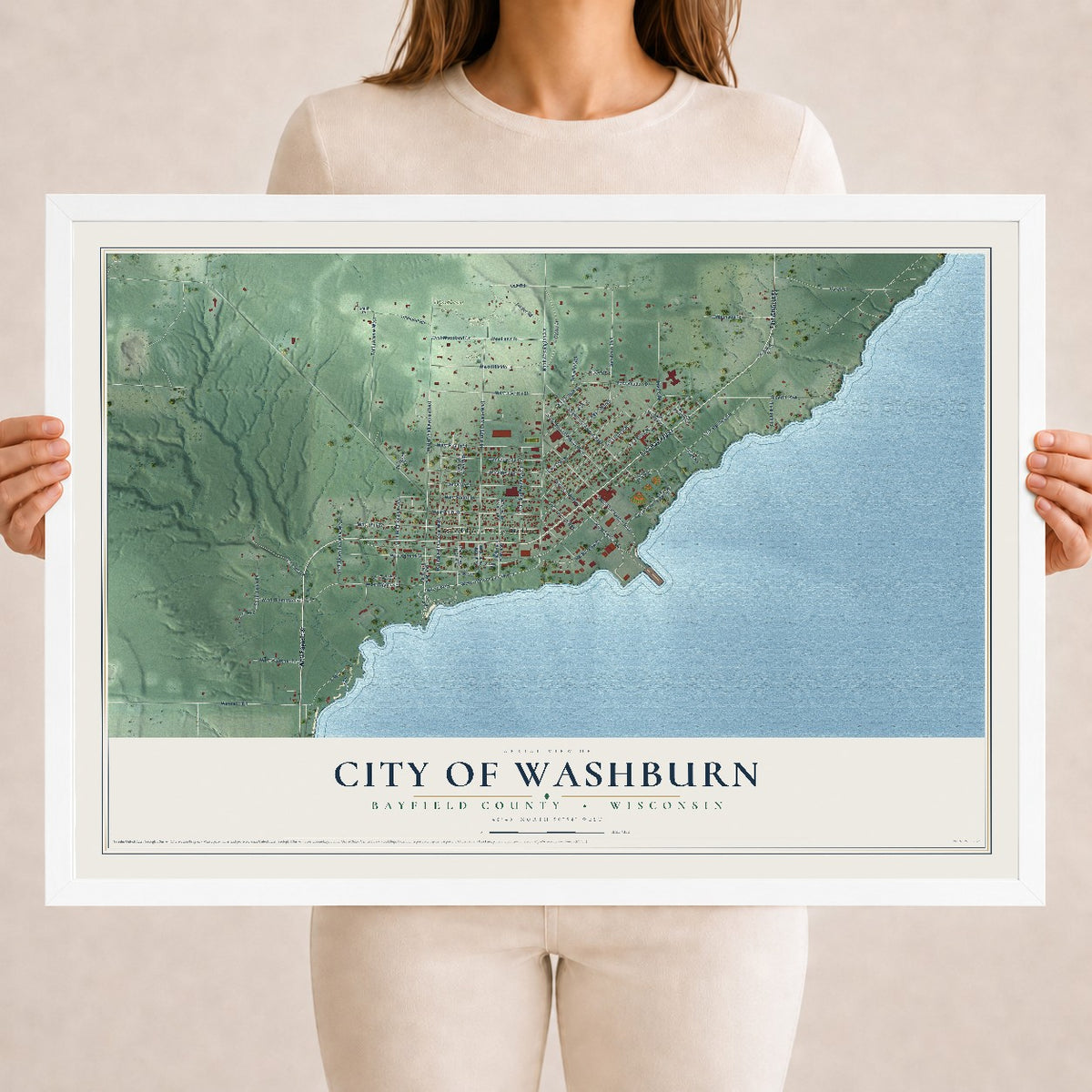 Map of Washburn, Wisconsin, 18 x 24 inch print in a white wood frame