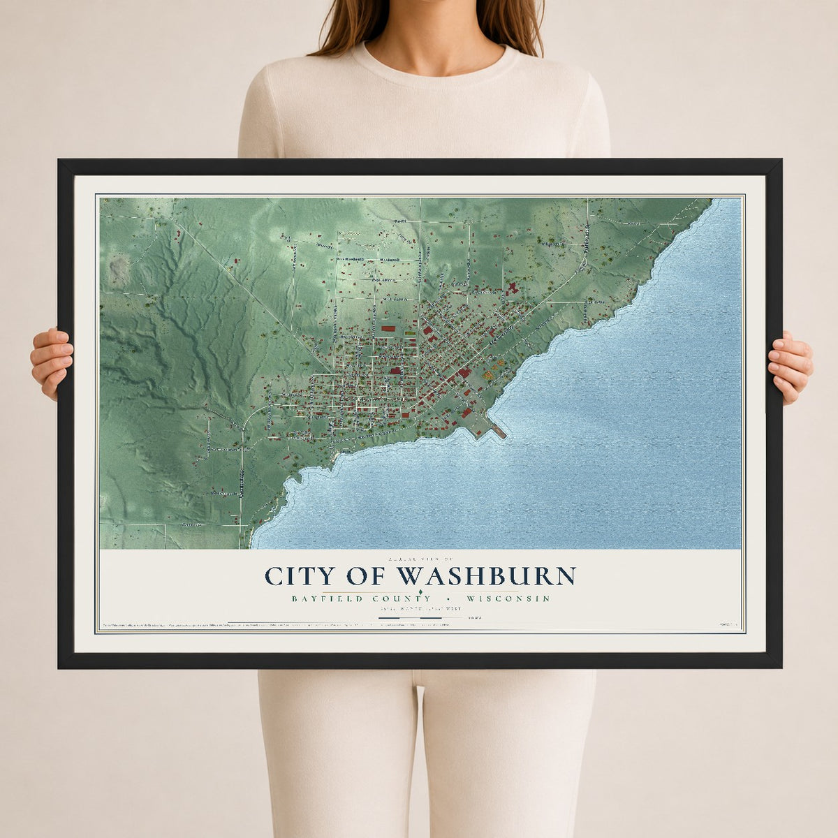 Map of Washburn, Wisconsin, 24 x 36 inch print in a black wood frame
